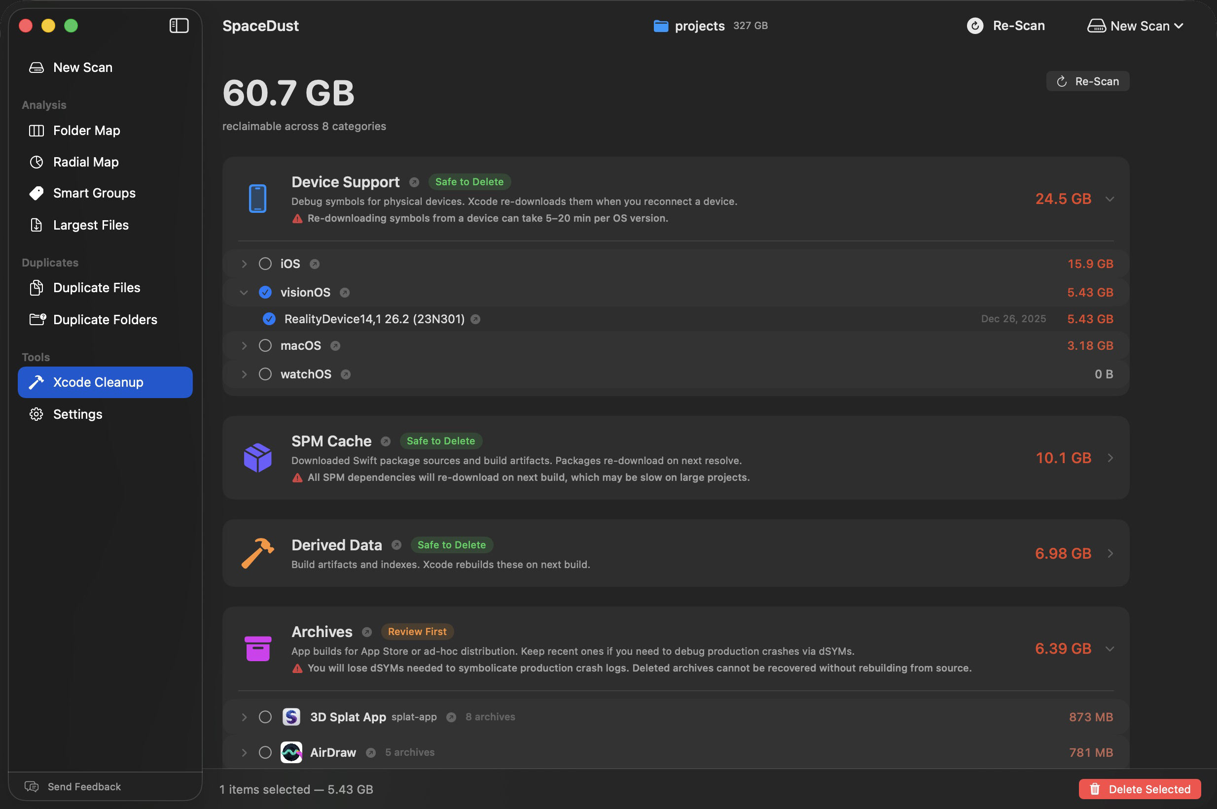 Xcode Cleanup — category list with safety labels